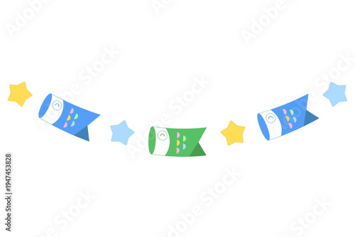 かわいいこいのぼりと星のガーランド風デザイン｜Children’s Day Koinobori and Stars Cute Banner Illustration