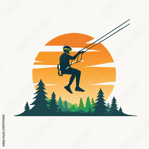 Man ziplining through a forest at sunset.