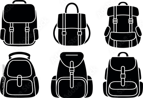 Backpack and rucksack icons set, black silhouette travel bags vector for school and outdoor design