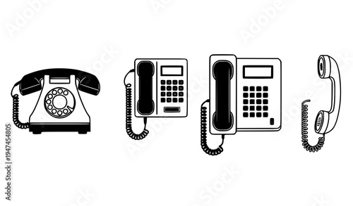 Black and white vintage telephone collection vector with classic rotary and corded landline phone icons isolated