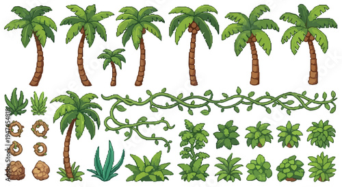 A versatile collection of pixel-art tropical foliage, featuring various palm trees, lush green bushes, winding vines, and earthy ground elements, ideal for game environment design.