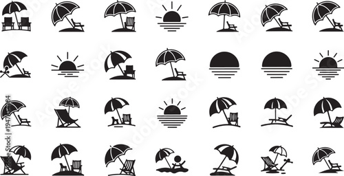 Beach icons with umbrellas, sun, and people relaxing outdoors