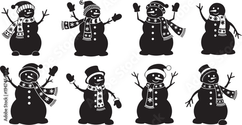 Silhouette Snowmen in Winter Hats and Scarves