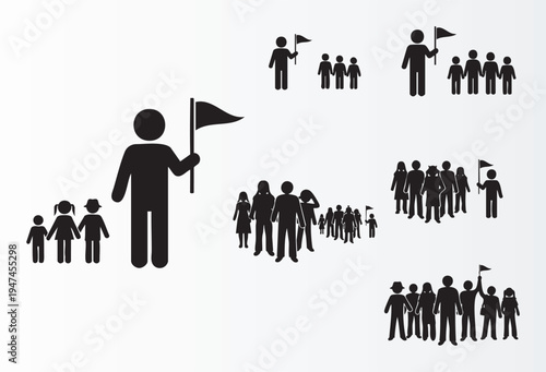 Hierarchical leadership and teamwork illustrated with icons showing followers