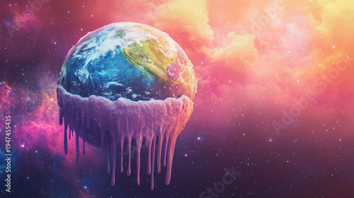 A vibrant illustration of Earth melting in a colorful galaxy background
