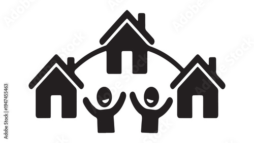 Real estate neighborhood network icon representing social housing, suburban life, and residential unity.