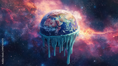 A surreal depiction of Earth melting in a vibrant galaxy background