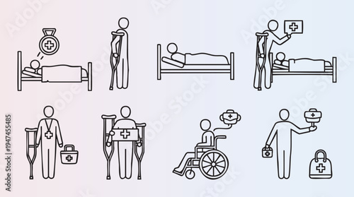 Medical recovery and hospital care with patients and equipment illustration