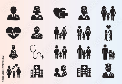Medical and healthcare icons set with doctors patients and hospitals
