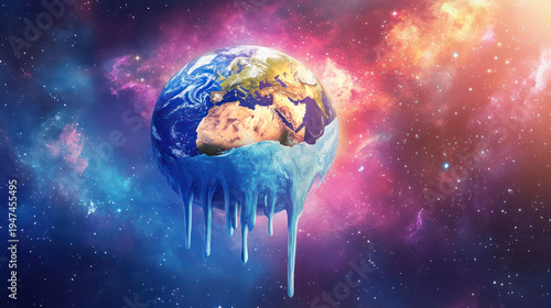 A melting Earth globe in a vibrant galaxy with colorful nebulae and stars