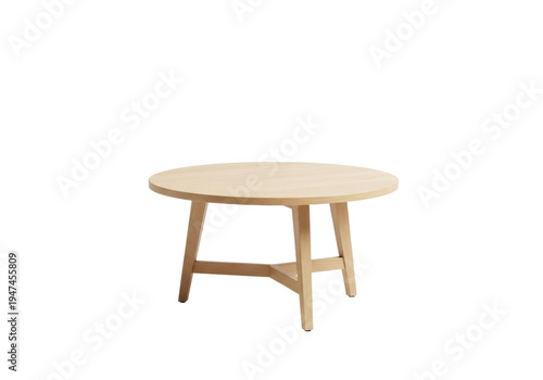 meticulously crafted round coffee table of light blonde wood with three tapered legs, emphasizing scandinavian minimalist design isolated on a brilliant white background. concept of contemporary