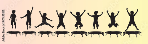 Silhouettes of children jumping on trampolines in a playful sequence