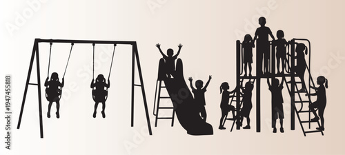 Silhouettes of children playing on outdoor playground equipment isolated scene
