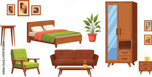 Modern home furniture collection including sofa, bed, wardrobe, chair and decor elements, cozy interior living room and bedroom vector illustration set isolated