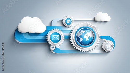 Modern Concept of Global Communication and Technology with Gears and Cloud Illustrations on Blue Background