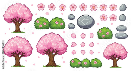 This pixel art vector features a charming collection of spring nature elements like cherry blossom trees, flowers, petals, green bushes, and grey stones.