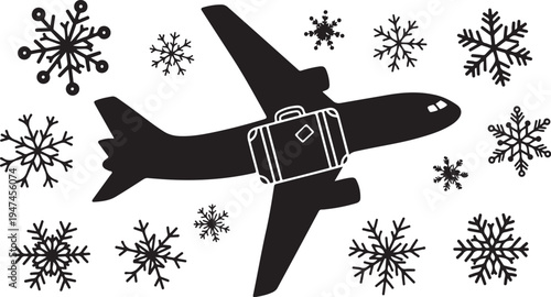 Airplane flying with snowflakes and luggage in winter sky