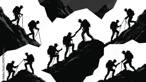 Mountain climbers hiking and helping each other silhouette set, trekking team climbing rocky peak with backpacks and poles, adventure teamwork concept vector illustration isolated