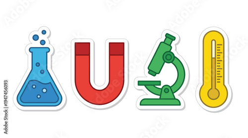 Colorful science lab equipment stickers including a beaker, magnet, microscope, and thermometer on a white background.