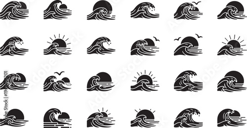 Black and white wave icons with sun and birds
