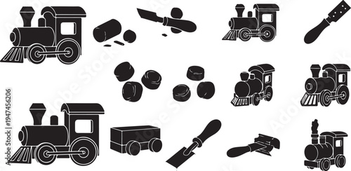Black and white train and tools icon set collection