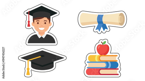 A collection of educational stickers featuring a graduate, diploma, graduation cap, and a stack of books with an apple.