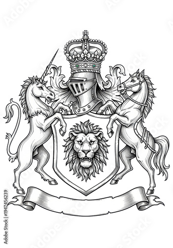 Highly detailed black and white vintage engraving of a complex heraldic family crest featuring a fierce lion's head shield supported by a rampant unicorn and warhorse, traditional authority concept