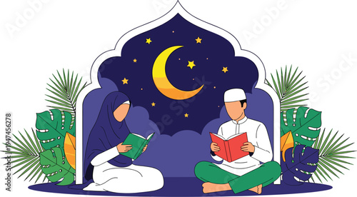 Muslim boy and girl reading Quran under crescent moon and stars illustration, Islamic night prayer learning concept with mosque arch decoration isolated