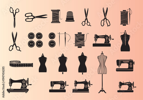 Vintage sewing tools and dressmaking icons in flat design