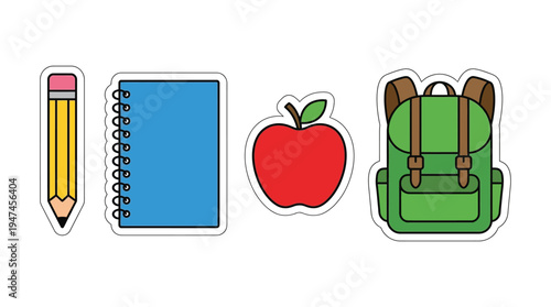 Cartoon style stickers of school supplies including a pencil, notebook, apple, and backpack on a white background.