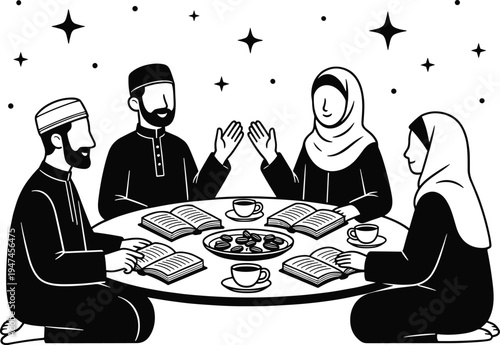Muslim family reading Quran and making dua together at iftar table during Ramadan night with dates and tea, Islamic prayer gathering illustration isolated on whiteMuslim family reading Quran and 