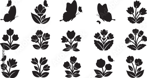 Black silhouettes of flowers and butterflies on white background