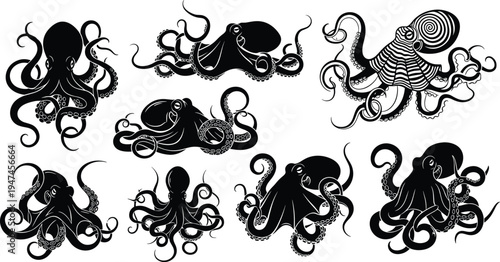 Octopus silhouettes collection with detailed tentacles and marine sea creature designs, underwater ocean animal vector illustration set isolated on white background