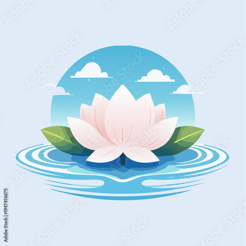 Lotus flower floating on water with blue sky and clouds.