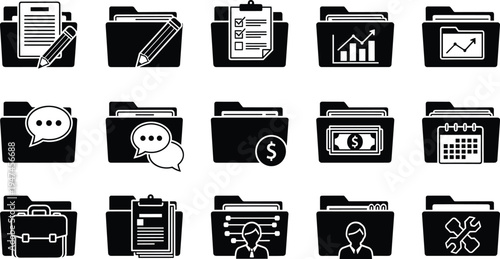 Business and Office Management Folder Icon Set Featuring Documents, Tasks, Calendar, Messaging, Finances, and Employee Management for Corporate and Administrative Use