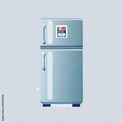 Modern refrigerator design with digital display and handle.