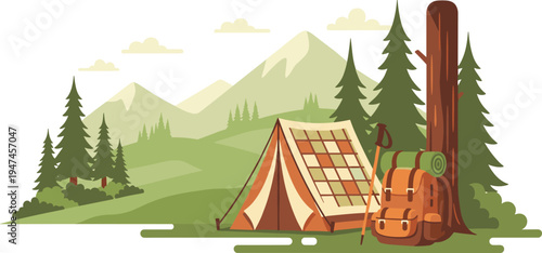 Camping Scene with Tent, Backpack, Hiking Gear, and Forest Landscape Vector Illustration for Outdoor Adventures