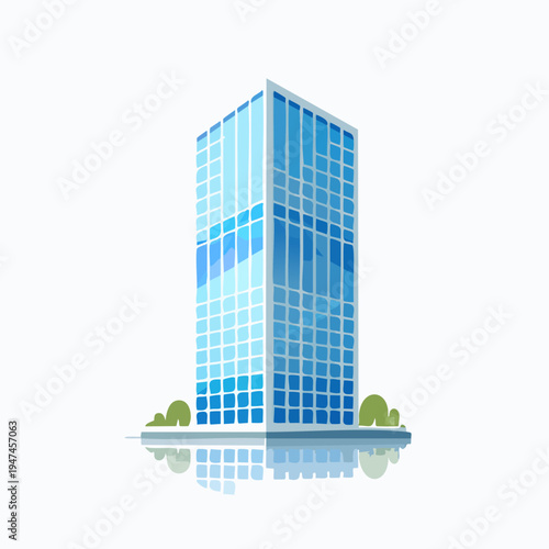 Modern Skyscraper Building with Blue Glass Facade and Reflection.