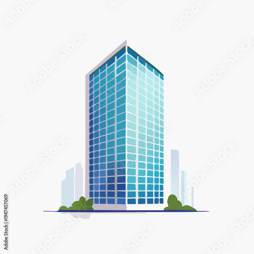 Modern Skyscraper Building with Blue Glass Facade and Surrounding Greenery.