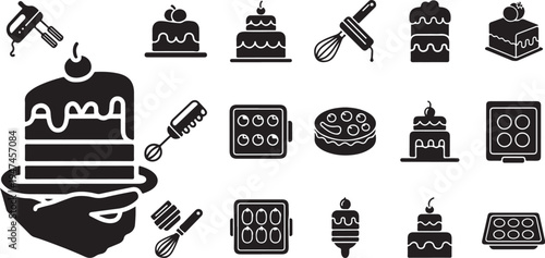 Baking icons and cake illustrations in black and white