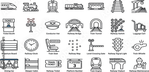 Comprehensive Vector Line Icon Set for Railway and Train Transportation Essential Graphics for Modern Travel, Industrial Logistics, and Public Transit System Designs