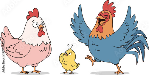 Cartoon Chicken Family with Baby Chick and Playful Rooster for Fun, Animated, and Family-Themed Illustrations