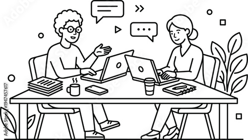 Two individuals collaborate on laptops at a table, discussing ideas with speech bubbles above their heads, illustrating teamwork and communication