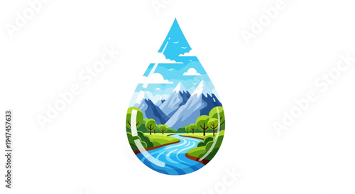 Illustration of a water droplet with a scenic landscape of mountains, river, and trees, symbolizing sustainable living and natural resources on World Water Day, set against a clean white