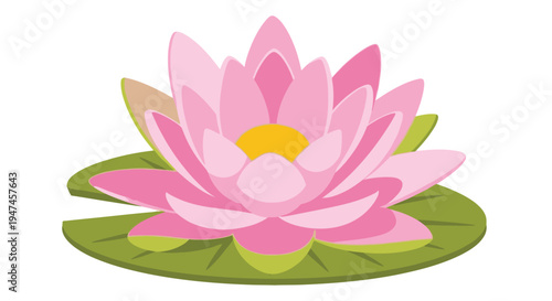 A vibrant pink lotus flower blooms atop a green lily pad