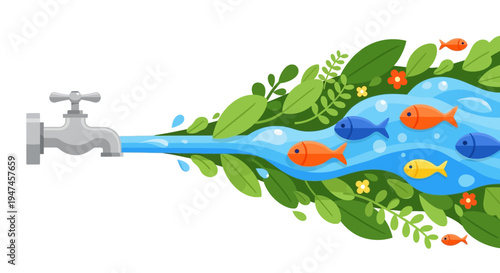 Illustration of a faucet pouring water with fish and plants, symbolizing World Water Day and sustainable living with natural resources and ecosystem, against a clean white background.