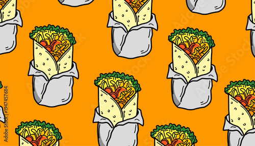 Doodle Burrito Pattern. Buritto seamless pattern. Mexican Wrap Food Illustration. Handdrawn Tortilla Snack. Repeating Streetfood Background. Decorative Packaging Textile Design.