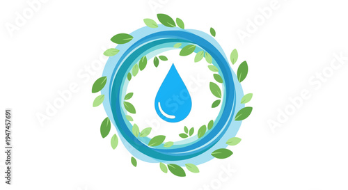 Illustration of a World Water Day icon with a water droplet surrounded by leaves on a blue circle, symbolizing sustainable living and natural resources on a white background.