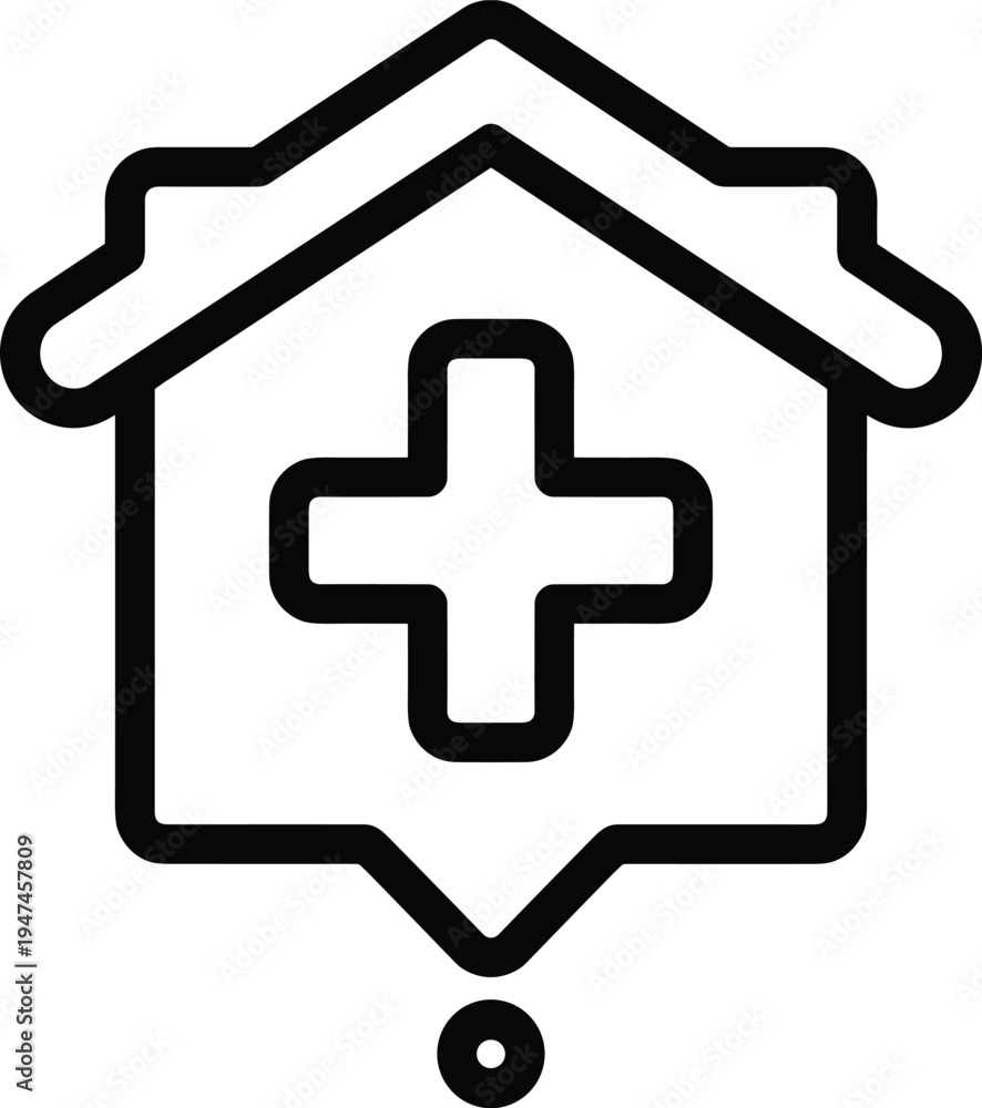 Fototapeta premium Line art icon of a building with a medical cross, representing a healthcare facility, hospital, or clinic location, symbolizing community health and accessible medical services
