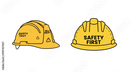 Yellow Safety Helmet Hard Hat Vector Construction Safety First Protective Equipment Icon Set